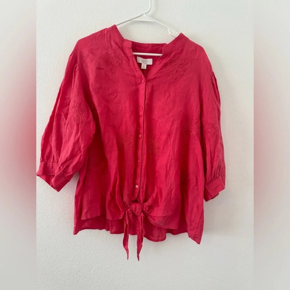 CHARTER CLUB  Linen Tie-Hem Relaxed Blouse Floral Embroidery Coral NWT Size XXL - Picture 1 of 11
